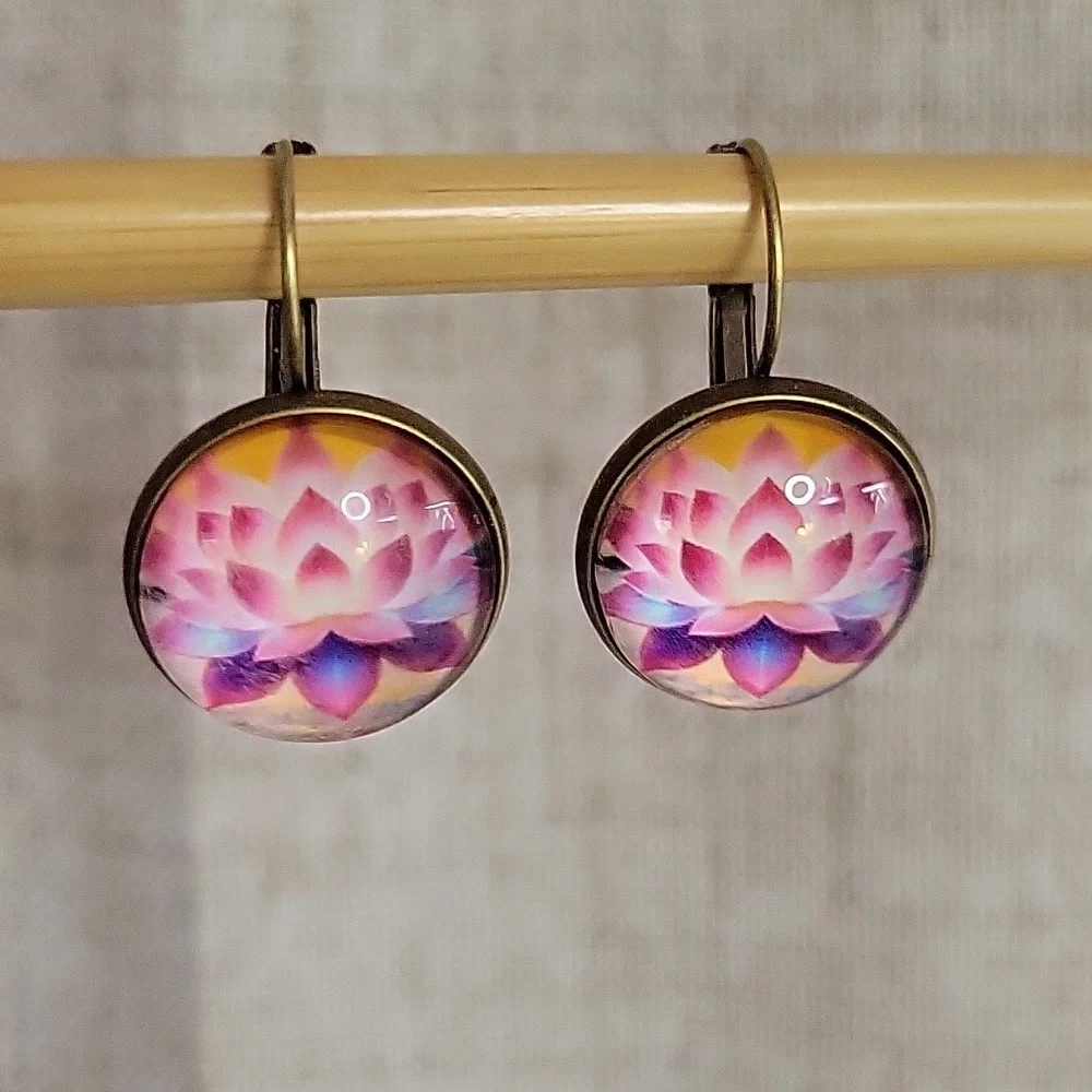 Lotus Flower Earrings in Pink and Gold
